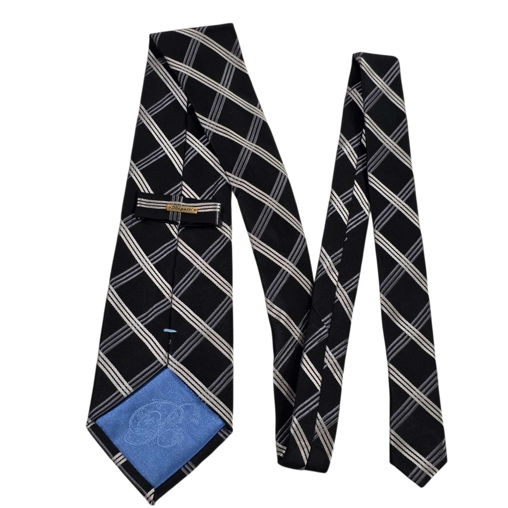 Bugatti Necktie Men's Luxury Silk Blend Black Silver Plaid Formal Dress Tie